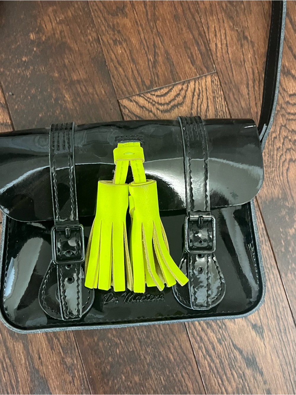 Dr Martens Black Patent Crossbody Bag with Neon Yellow Tassel - Picture 5 of 13
